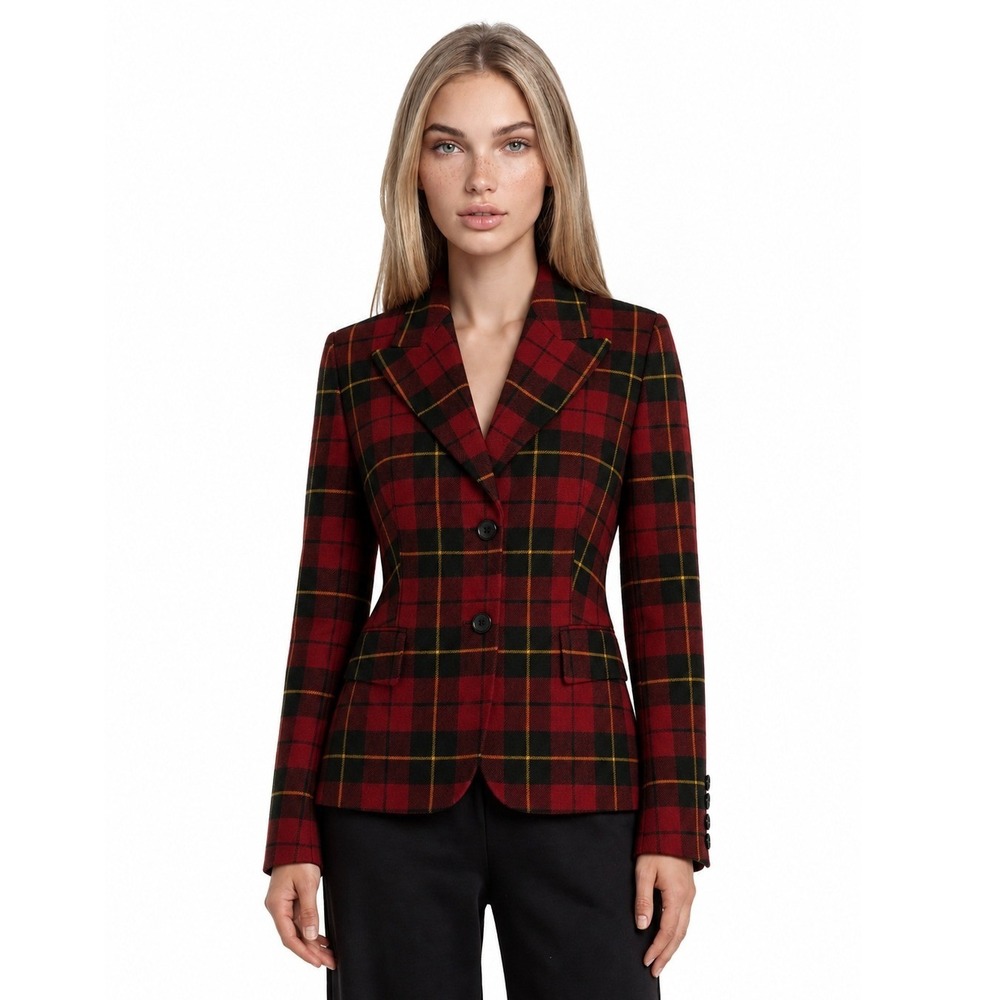 Michael Kors Collection Blazer Womens Size 12 Red Plaid Virgin 100% Wool Vintage
